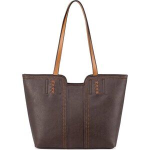 👑Women's Dark Coffee Leather Classic Top Handle Zipper Pockets Casual Tote Bag